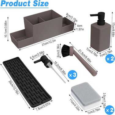 CAUTIOUS 350ML Sink Organizer with Brush, Soap Dispenser Sponge, Kitchen Dish Soap Dispenser Set Made of Plastic, Sink Organizer with Two Soap Dispensers, Kitchen Gadget Organizer (brown)