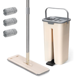 Набір для миття підлоги з відром, Masthome: компактний моп з відром та вичавкою, 3 мікрофібрових насадок, нержавіюча сталь, 2-в-1, для дерев'яних, плиткових та мармурових підлог, бежевий, 2.9л