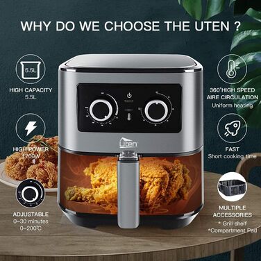 Фритюрниця без олії Uten 5.5L XXL, 1700W, таймер, антипригарне покриття, для 2-8 осіб, темно-сіра