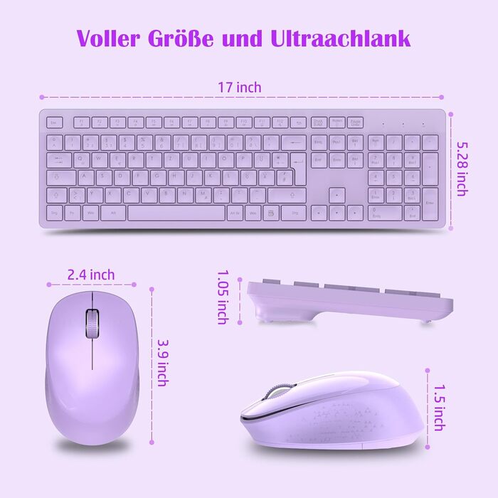 Бездротовий комплект клавіатури та миші Leadsail K786 з цифровою клавіатурою QWERTZ (Німецька) - тиха клавіатура, 2.4 GHz, USB Nano приймач для ПК/ноутбука (фіолетовий)
