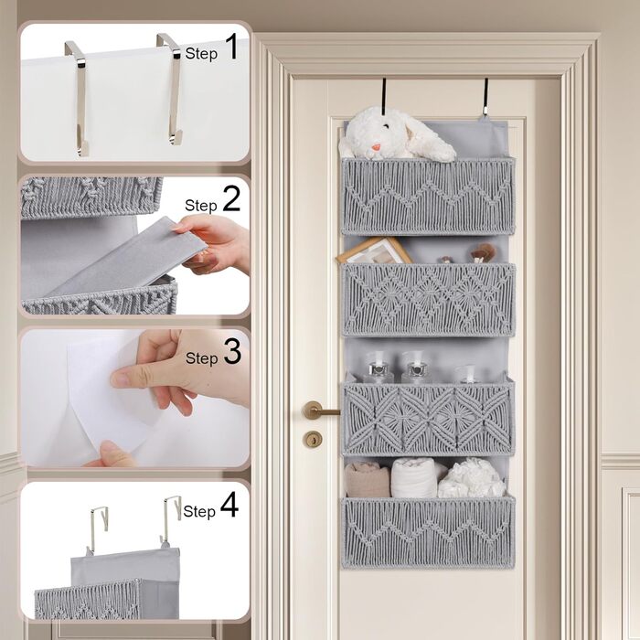 Органайзер для дверей з 4 кишенями, Бохо декор, настінна полиця-органайзер з 2 гачками, для спальні, дитячої кімнати, ванної (4 кишені-сірий)