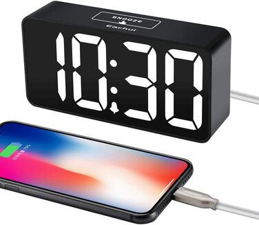 LED-годинник Eachui з USB-зарядкою, великий дисплей, регулювання яскравості та гучності, повторний сигнал, 12/24 год, цифровий годинник, живлення від мережі (чорний & білий)