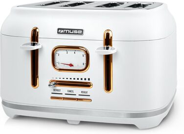 Тостер Muse MS-131 BC з нержавіючої сталі, 4-х місний, ретро дизайн, 6 рівнів підсмажування, з підсвічуванням, з лотком для крихт (білий)