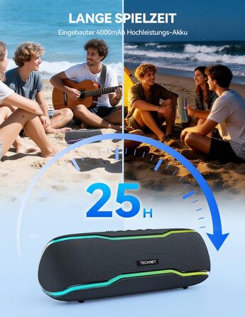 TECKNET Bluetooth колонка з підсвіткою, IPX7, 30W, чорна - портативна бездротова колонка Bluetooth 5.3 для вечірок, подорожей