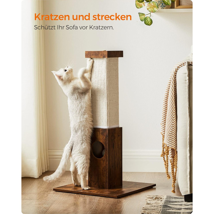 Feandrea Cat Tree, Scratching Post, Cat Scratching Tree, 10 cm Thick Trunk, Scratching Post Made of Natural Sisal Rope, 73 cm High, with Plush Play Ball, Furniture Scratch Protector, PCA021G01 (Vintage Brown)