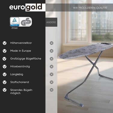 Прасувальна дошка EUROGOLD® Premium 120x42 см з підставкою для праски - стабільна, регульована по висоті, з покриттям з 100% бавовни сірого кольору