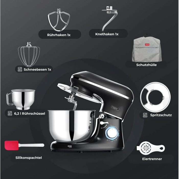 Fentic Stand Mixer - 2000W - Stainless Steel Mixing Bowl (6.2 L) - Stand Mixer with Dough Hook, Beater Hook, Whisk, and Splash Guard - Includes Additional Accessories - Black