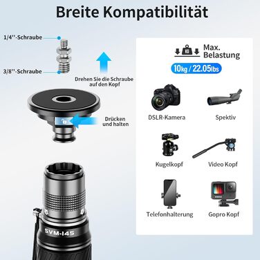 SIRUI SVM-145 монопод для камери з ніжками, 145 см, карбонове, для DSLR/Camcorder, до 10 кг