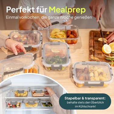 Набір контейнерів для їжі Uandu Glasbehälter – 10 шт. з кришкою, BPA-free, для мікрохвильовки, морозильника, посудомийної машини (антрацит, з відділеннями)