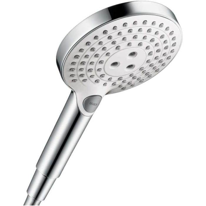 Hansgrohe Raindance Select S - Showerhead, Hand Shower with 3 Spray Patterns, Showerhead, Showerhead with Anti-Limescale Function, White/Chrome, 26530400