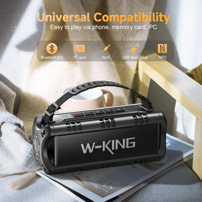 W-KING Bluetooth колонки: портативна, водонепроникна (IPX6), 60W, 24 години роботи, TF карта, USB, AUX, чорний