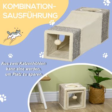 PawHut Cat Tunnel with Play Ball, Cat Toy, Sisal Play Tunnel, Brown+Beige, 98x30x30 cm | Aosom