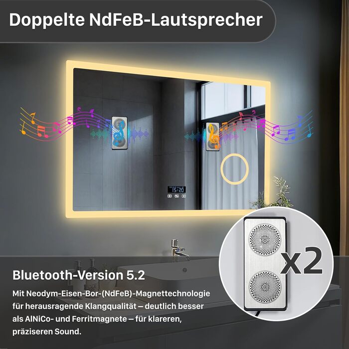 Дзеркало для ванної кімнати LUVODI з підсвічуванням 100x70 см: годинник, температура, дата, проти запотівання, регулювання яскравості, 3 кольори світла, функція пам'яті, LED, Bluetooth, збільшення 3x