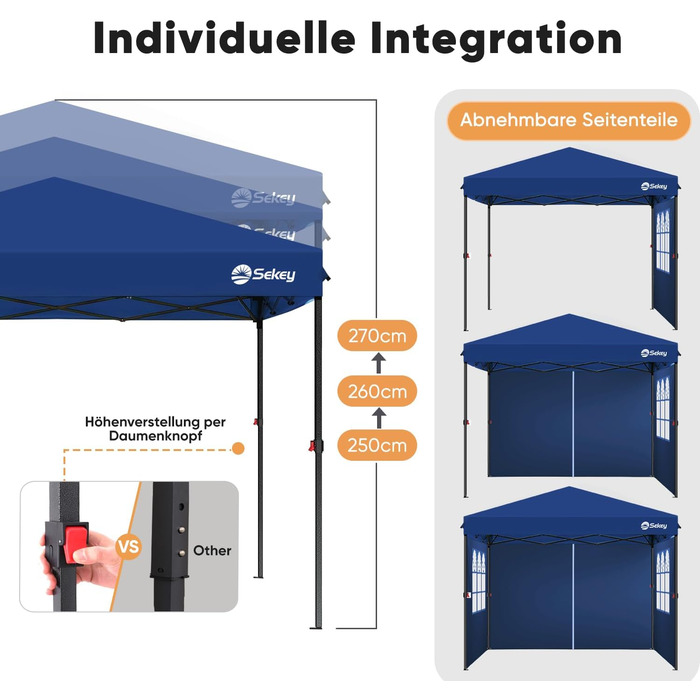 Sekey One-Touch Pop Up Pavilion 3x3 Waterproof Stable Winter-Proof, Folding Pavilion 3x3m with Thickened Tubes, Party Tent Pavilion Folding for Camping Festival Party, (Navy, with Side Walls)