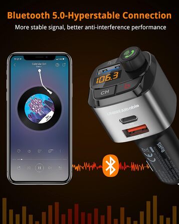 Bluetooth FM-трансмітер UNBREAKcable для авто, адаптер з зарядкою PD3.0 і QC3.0, підсилювач басів, гучний зв'язок, підтримка Siri та Google Assistant