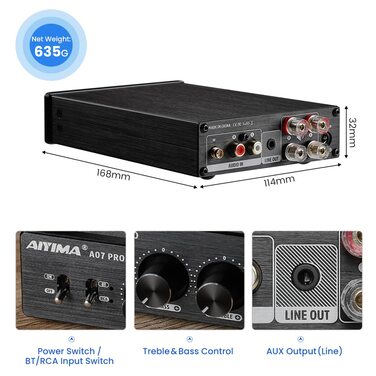 AIYIMA A07PRO TPA3255 міні підсилювач 2.0/2.1-канальний, 2×300 Вт, клас D, Hi-Fi стерео, Bluetooth 5.2, з регулюванням басів і високих, для настільного використання