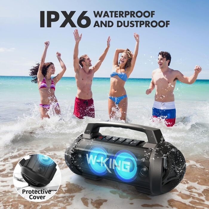 W-KING Bluetooth Колонка 120W з підсиленням басів 70W, чорна. Портативна колонка для вечірок, кемпінгу, пляжу, саду. BT 5.4, IPX6, до 42 годин, RGB підсвітка, стерео-з'єднання, DSP/EQ.
