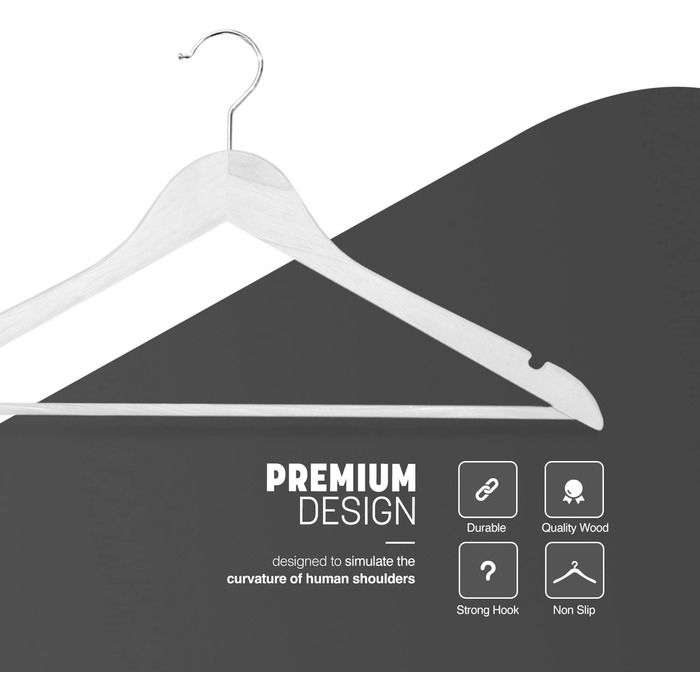 Плечики для одягу KEPLIN Starker з натурального дерева (30 шт.) з обертовим гачком 360° та перекладиною для штанів, з вирізами для плечей - Місцеекономний органайзер для гардеробу, підходить для пальто, жакети, костюми (білий, 20 шт.)