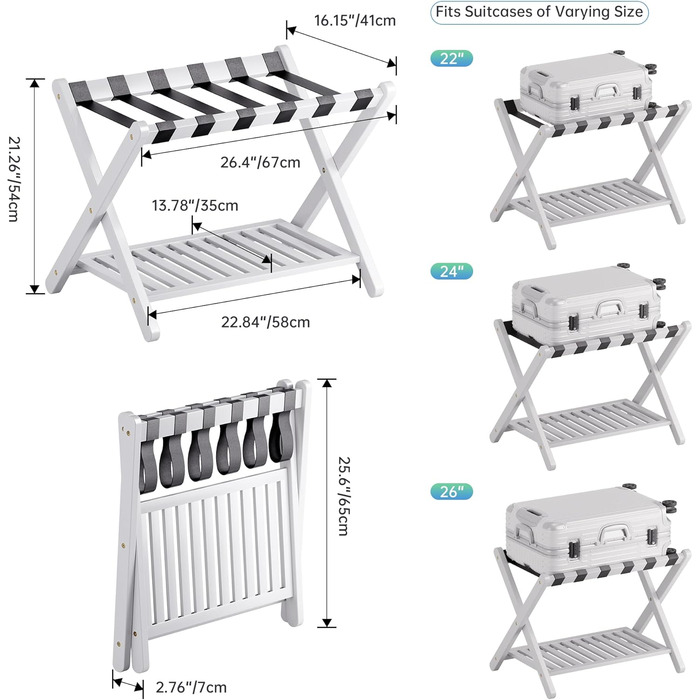 SMIBUY Luggage Rack, Folding Bamboo Suitcase Stand with Storage Shelves for Guest Room, Bedroom, Hotel, Heavy Duty (White)