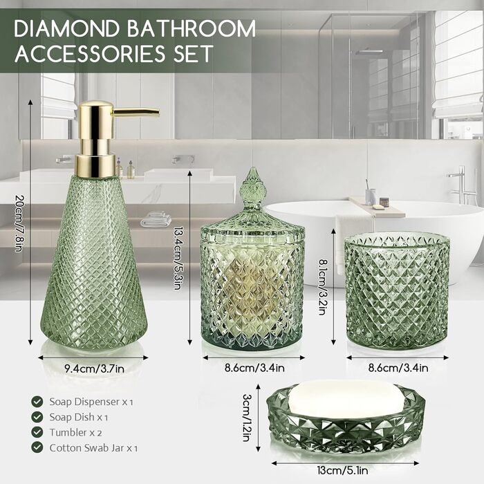 Набір аксесуарів для ванної кімнати зі скла, 5 предметів, зелений, вінтажний стиль. Включає: миловарку, 2 склянки, тримач для зубних щіток, миловарку та піднос для мила.