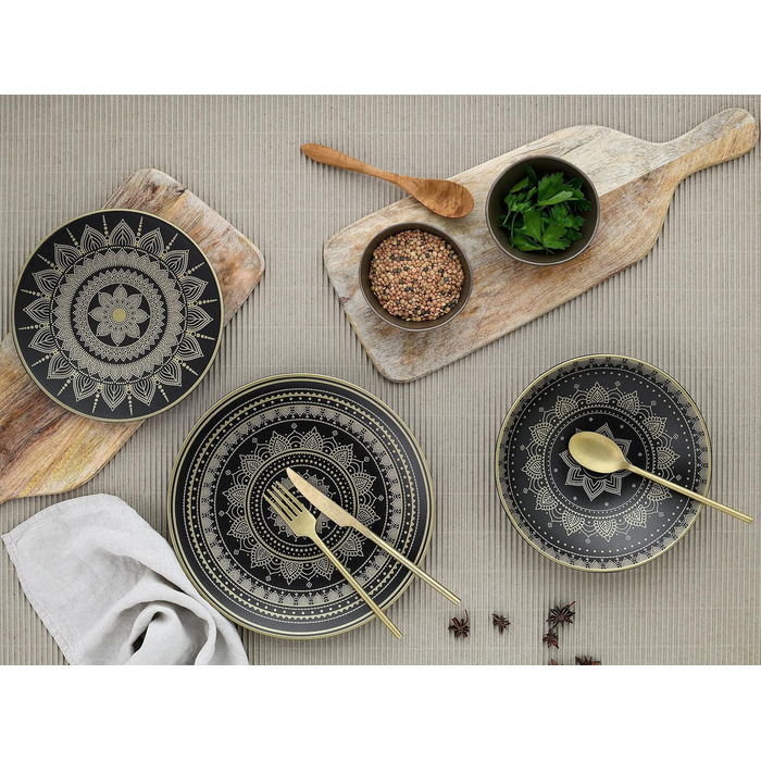 CreaTable MANDALA GOLD: 16-частинний набір посуду з каменю, чорний/золотий, для посудомийної машини та мікрохвильової печі