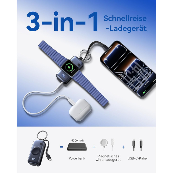 Power Bank INIU для Apple Watch, 5000mAh, вбудований кабель, LCD-дисплей, сумісний з iWatch 10/9/8/Ultra2/Ultra/SE, iPhone 16/15 (Чорний)