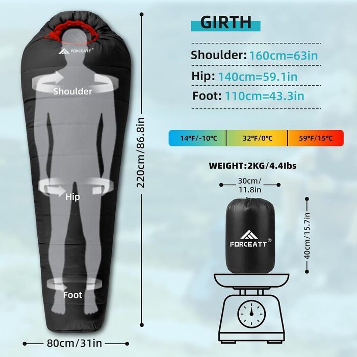 Спальний мішок Forceatt -10°C~15°C, 4 сезони, зимовий для дорослих, водонепроникний, ультралегкий, для кемпінгу, подорожей, туризму та відпочинку. Кольори: синій, чорний.
