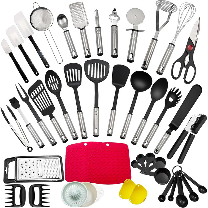Kitchen Helper Set, 43 Pieces Kitchen Accessories Cooking Utensil Set made of Stainless Steel & Nylon, Heat-Resistant Home Kitchen Cooking Utensils - Spoon, Tongs, Whisk, Spatula, Pasta Server, Ladle, Turner.
