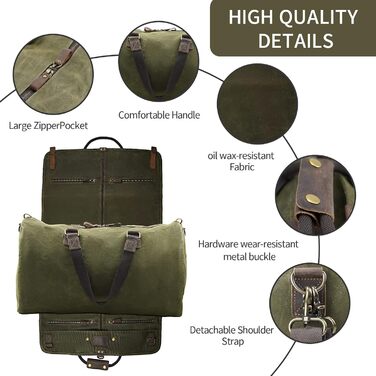 Сумка-чохол для одягу 2-в-1 Canvas Leder American Casual (Віск, Армійсько-зелений) для подорожей та бізнес-поїздок з плечовим ременем