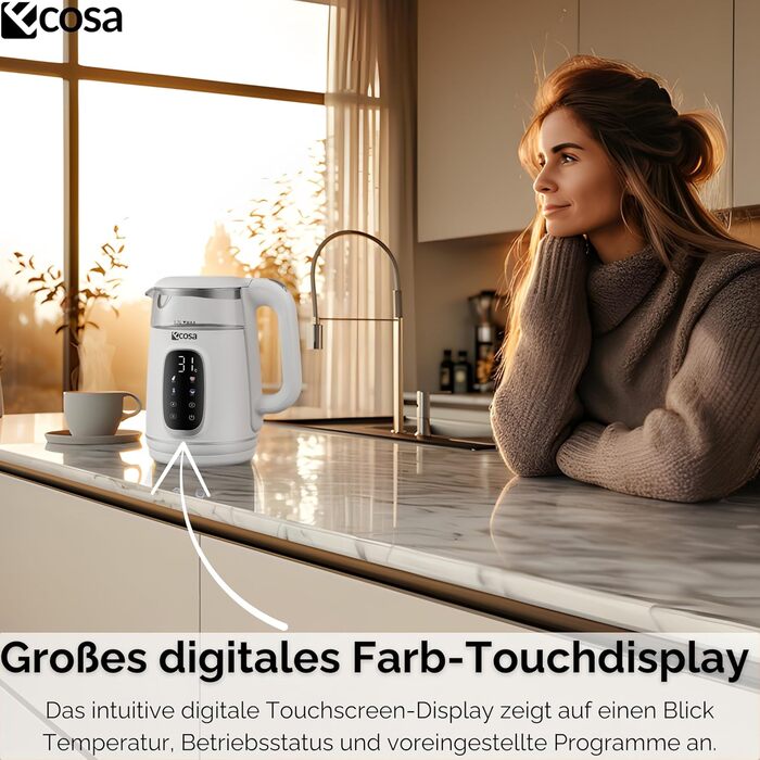 Електричний чайник Ecosa® зі скляною колбою та нержавіючою сталлю, 1.7 л, 2200 Вт, регулювання температури 40-100°C, функція підігріву, LED-підсвічування, без BPA (Woldo White)