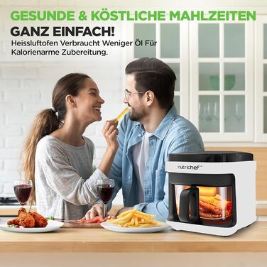 Фритюрниця NutriChef 5.5L біла – електрофритюрниця 8-в-1 з LED-дисплеєм. Готування без олії, циркуляція 360° для картоплі, курки, овочів та іншого.