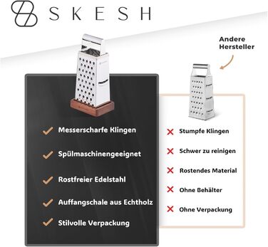 SKESH® Преміум тертка для кухні з дерев'яною ручкою (24,5x10,5 см) - тертка для овочів та сиру з нержавіючої сталі з контейнером, придатна для миття в посудомийній машині