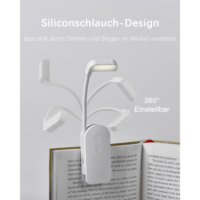 LED-лампа для читання з USB-зарядкою, 9 світлодіодів, 3 режими температури кольору, регульована яскравість, гнучкий поворот на 360°, для читання в ліжку