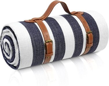 Плед для пікніка великого розміру 203x203 см, вологостійкий, миючий, пісконепроникний, складний, 3-шаровий, блакитно-білий