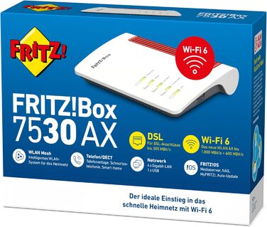 Роутер FRITZ!Box 7530 AX Wi-Fi 6 DSL: Wi-Fi Mesh, DECT, Media Server (VDSL/Supervectoring 35b)