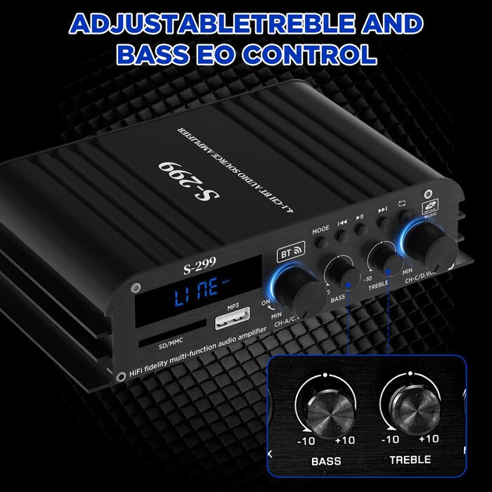 4.1-канальний підсилювач 1600W, Bluetooth 5.0, HiFi міні підсилювач для домашніх колонок 40Вт x4 + активний сабвуфер, USB/TF, MP3, пульт, 110-240V/12V, S299
