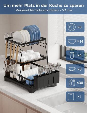 Сушарка для посуду Yissvic з нержавіючої сталі, 3-рівнева, з піддоном, тримачем для ножів та дощечкою для нарізання, поворотним виливом, чорна