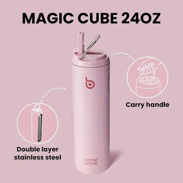 Пляшка для води BOTTLE BOTTLE 750 мл з соломинкою, кришкою та ручкою - не протікає, BPA-free, подвійні стінки, рожева. Ідеальна для спорту, подорожей та фітнесу.