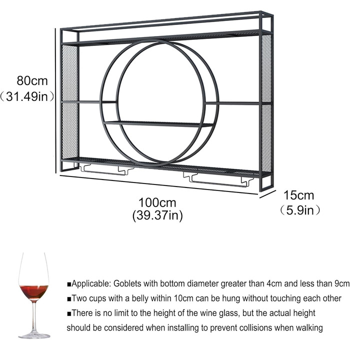 Настінна полиця для вина з металу, 100 см, з тримачем для келихів, LED-підсвічуванням, чорна. Ідеально для бару, вітальні, кухні.