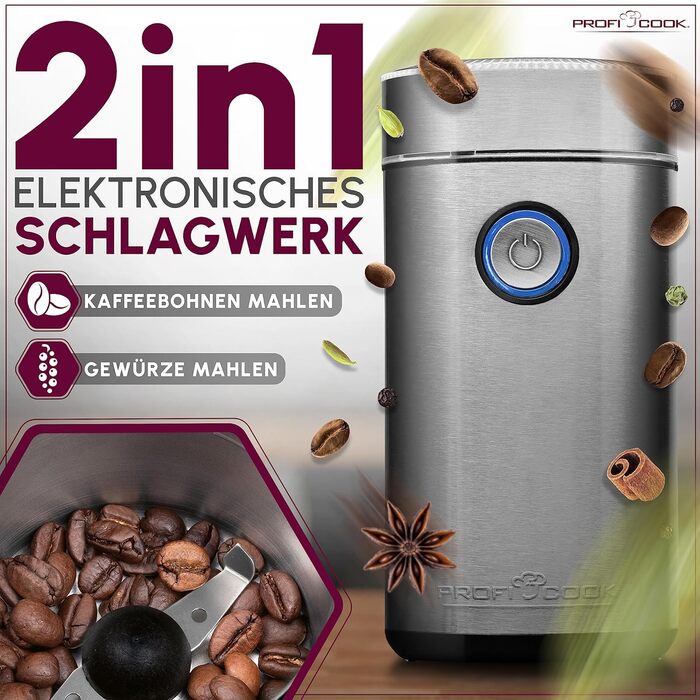 Електрична кавомолка ProfiCook KSW 1216, 150Вт, нерж. сталь, 40г, подвійний ніж, віконце