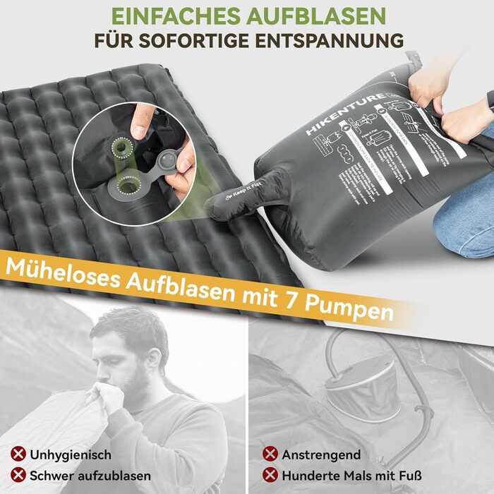 Каремат туристичний HIKENTURE 6.2 R-Wert для 2 осіб, 8 см, надувний, 140x200 см, для 4 сезонів, для кемпінгу, трекінгу, намету, пляжу