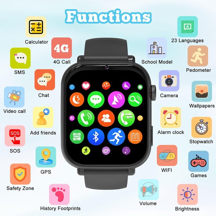 Дитячий розумний годинник GPS з телефоном та 4G, чорний: відеодзвінки, чат, шкільний режим, ігри, калькулятор, крокомір