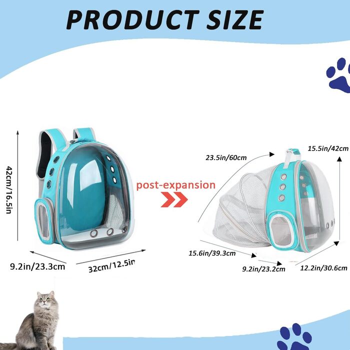Рюкзак-переноска для котів та маленьких собак, розширюваний, з прозорим вікном та блискавкою, для подорожей та походів (розширювана спинка), блакитний