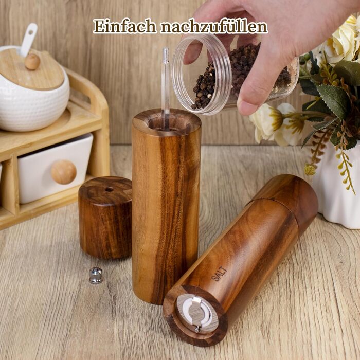 Набір з 2 дерев'яних мельниць для солі та перцю, ручні, 20 см, з регульованим керамічним жорном, для солі та перцю, у подарунковій коробці