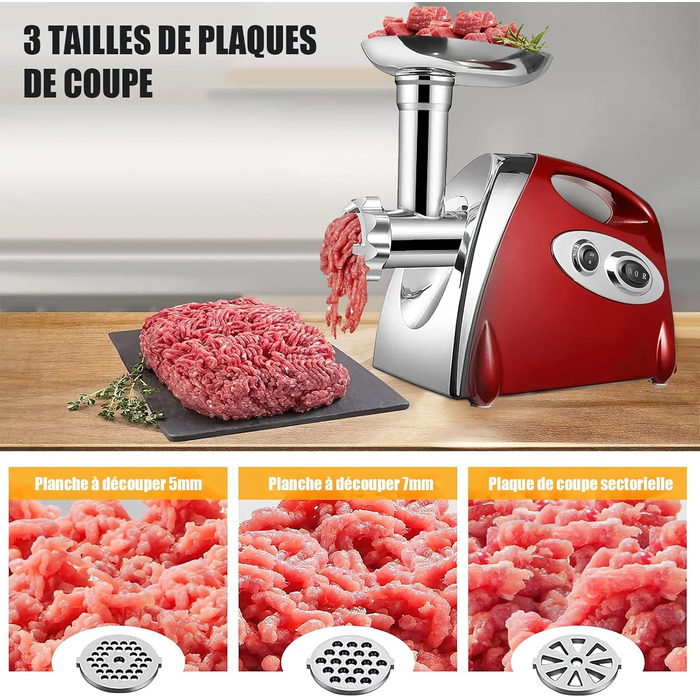 Electric Meat Grinder 2800W 3-in-1 Stainless Steel Meat Grinder with 3 Plates (3mm, 5mm, 7mm) Kubbe Attachment & Sausage Stuffer - 80kg/hr