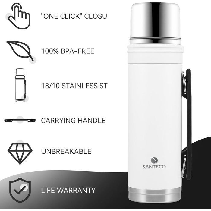 SANTECO 1L Stainless Steel Thermos Flask with Cup - Insulated Leakproof Travel Thermos for Hot & Cold Drinks - BPA Free