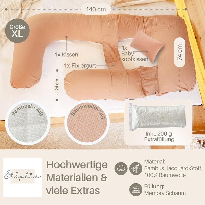 Подушка для вагітних та годування XL з піни Memory Foam, бавовняний чохол, коричнева
