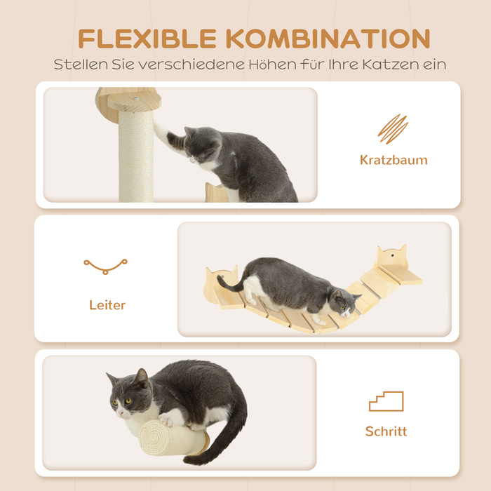 PawHut Комплект для котячого лазіння, 3 штуки, котячі меблі з когтеточкою, платформою, драбиною, когтеточка на стіну для котів до 5 кг, з натурального дерева (сосна) | Aosom