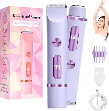 Триммер для бікіні RoserRose 2-в-1 для жінок з LED дисплеєм, водонепроникний (IPX7), Type-C зарядка, набір для догляду за інтимною зоною (фіолетовий)