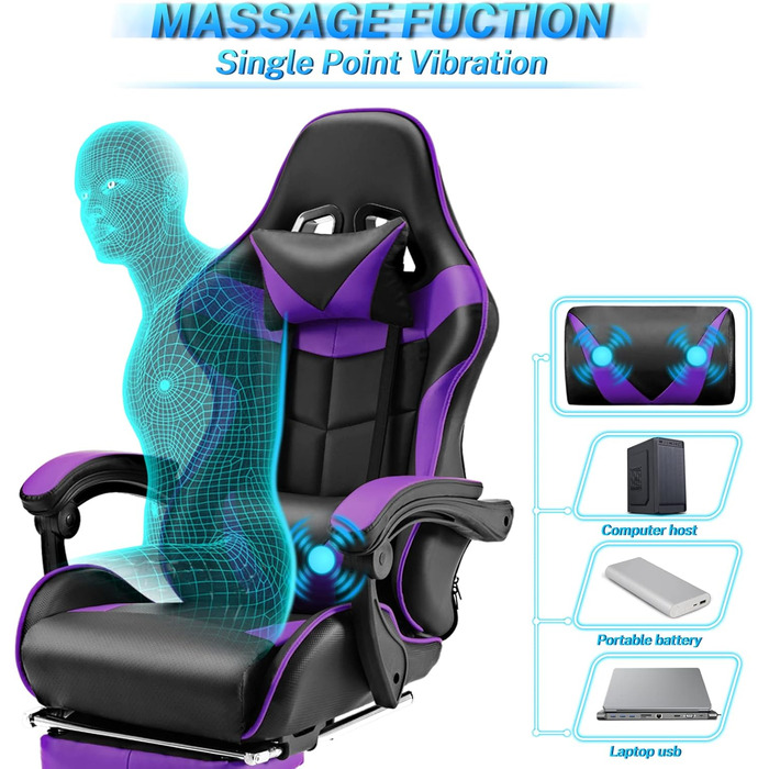 Геймерське крісло Soontrans Massage з підставкою для ніг, подушкою для голови та масажним валиком для попереку, фіолетове. Ергономічне крісло для геймерів, стрімерів Xbox, YouTube